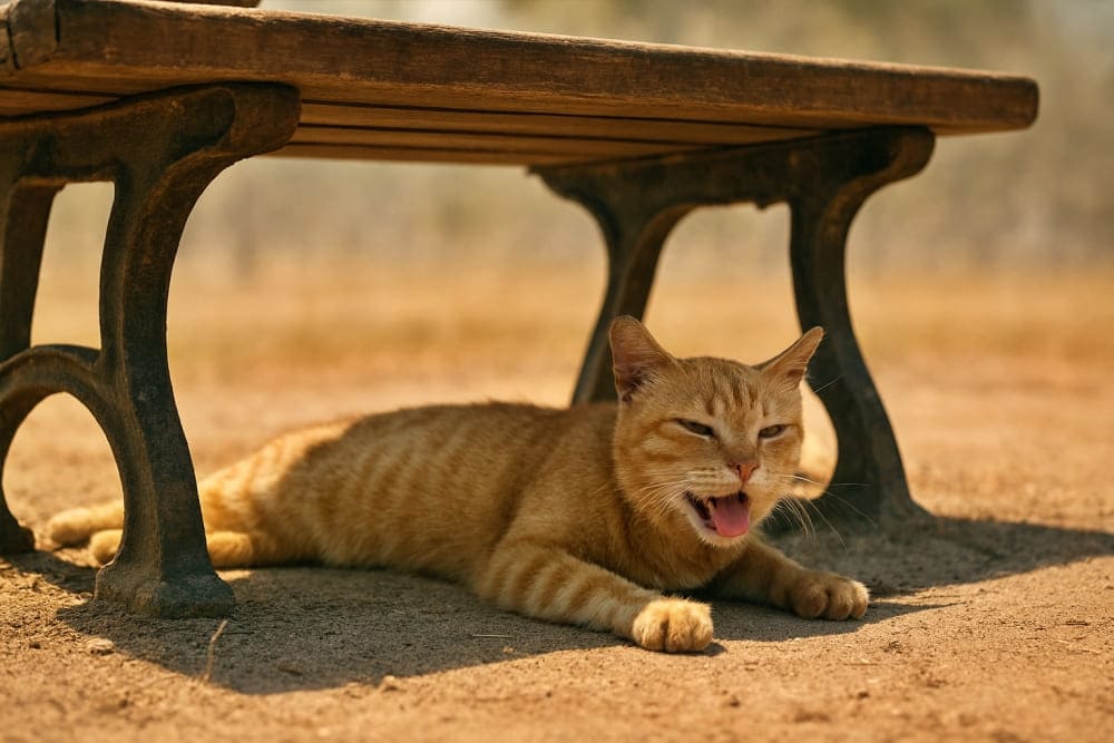 公園のベンチの下で、わずかな日陰にぺたんと伏せる野良猫