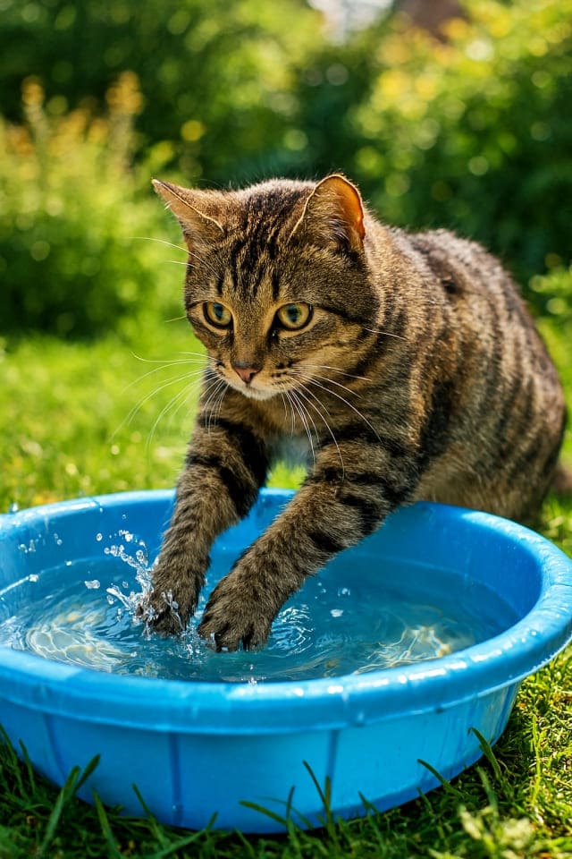 庭に置かれた子ども用プールに、前足だけそっと入れて水を感じる野良猫