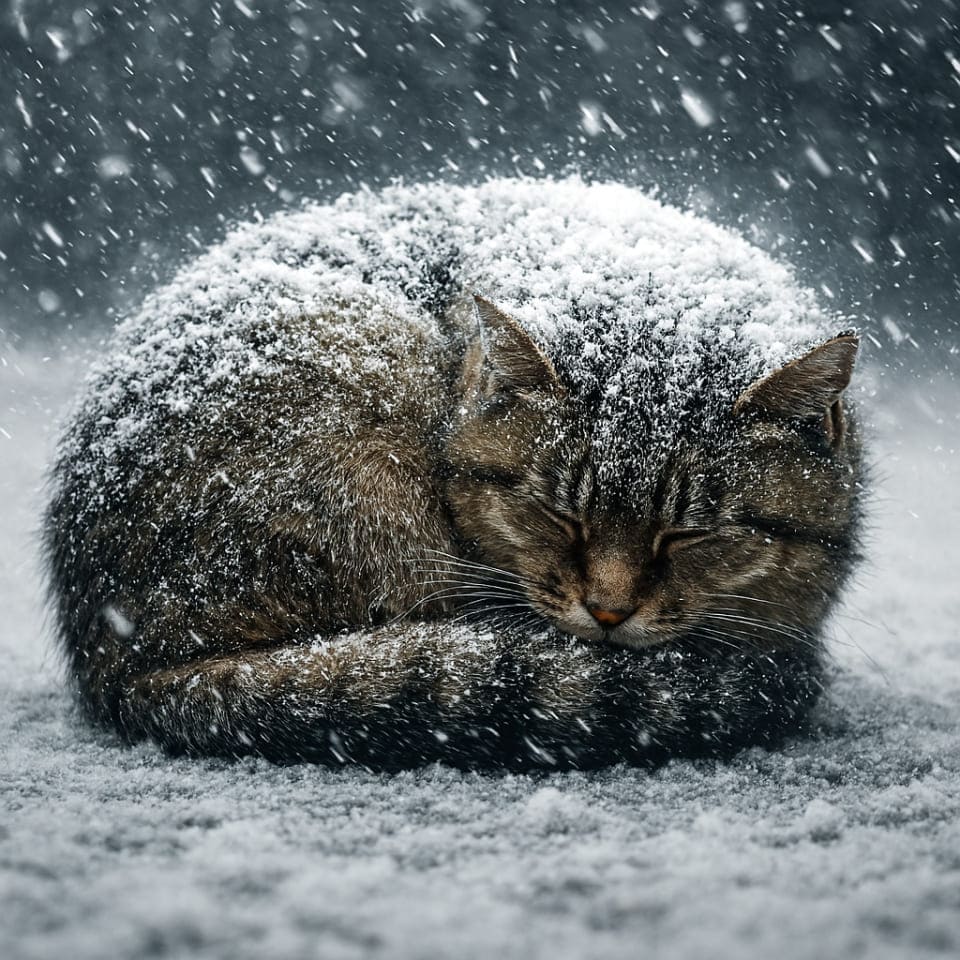 吹雪の中、丸くなって身を縮める一匹の野良猫。背中に雪が積もり、しっぽで鼻を隠している(copilot)