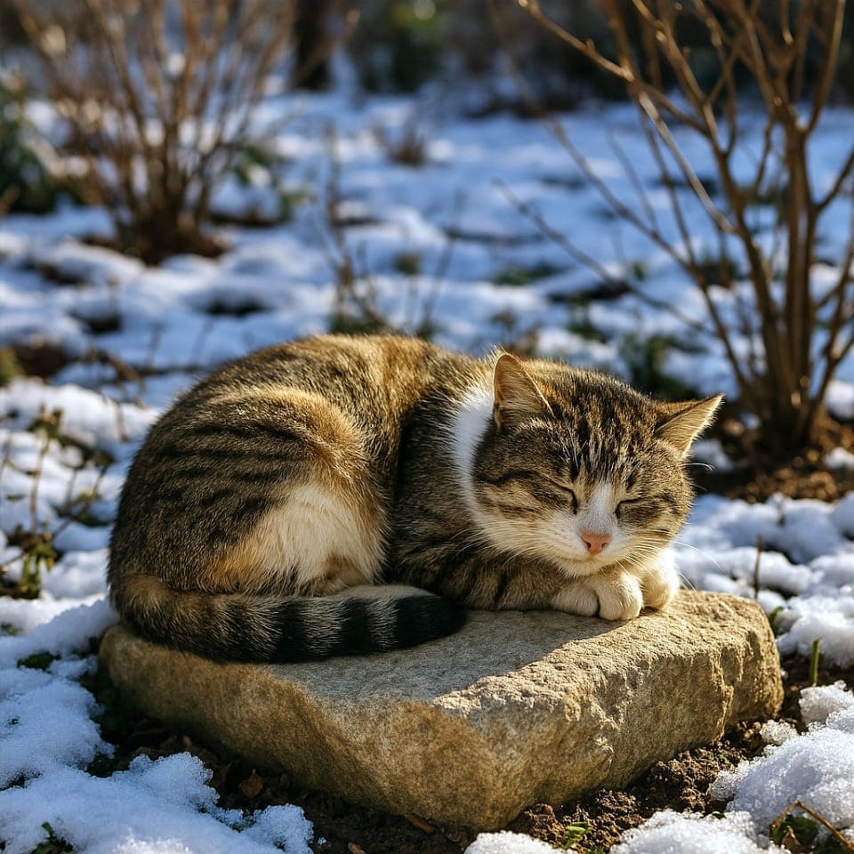 雪の中の庭で、日が当たってあたたかくなった石の上に丸くなって寝ている野良猫(copilot)