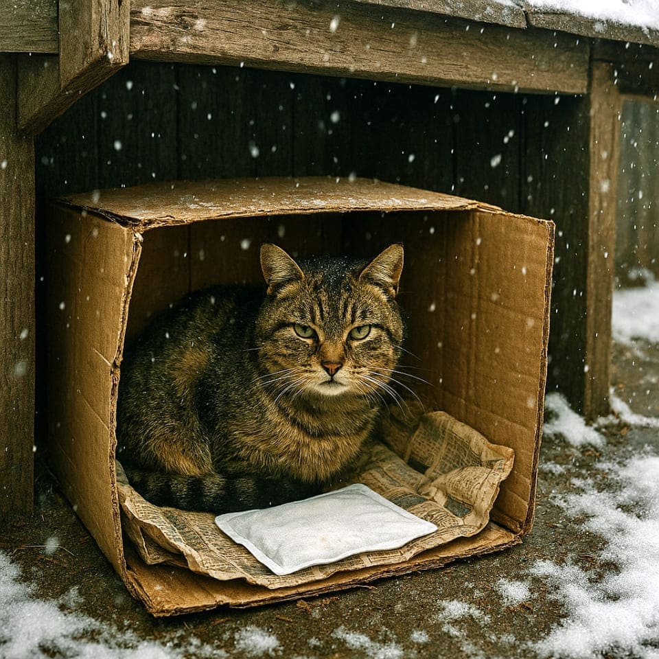 古新聞と使い捨てカイロが入ったダンボール箱の中にくるまり、小屋の下で寒さをしのいでいる野良猫(copilot)