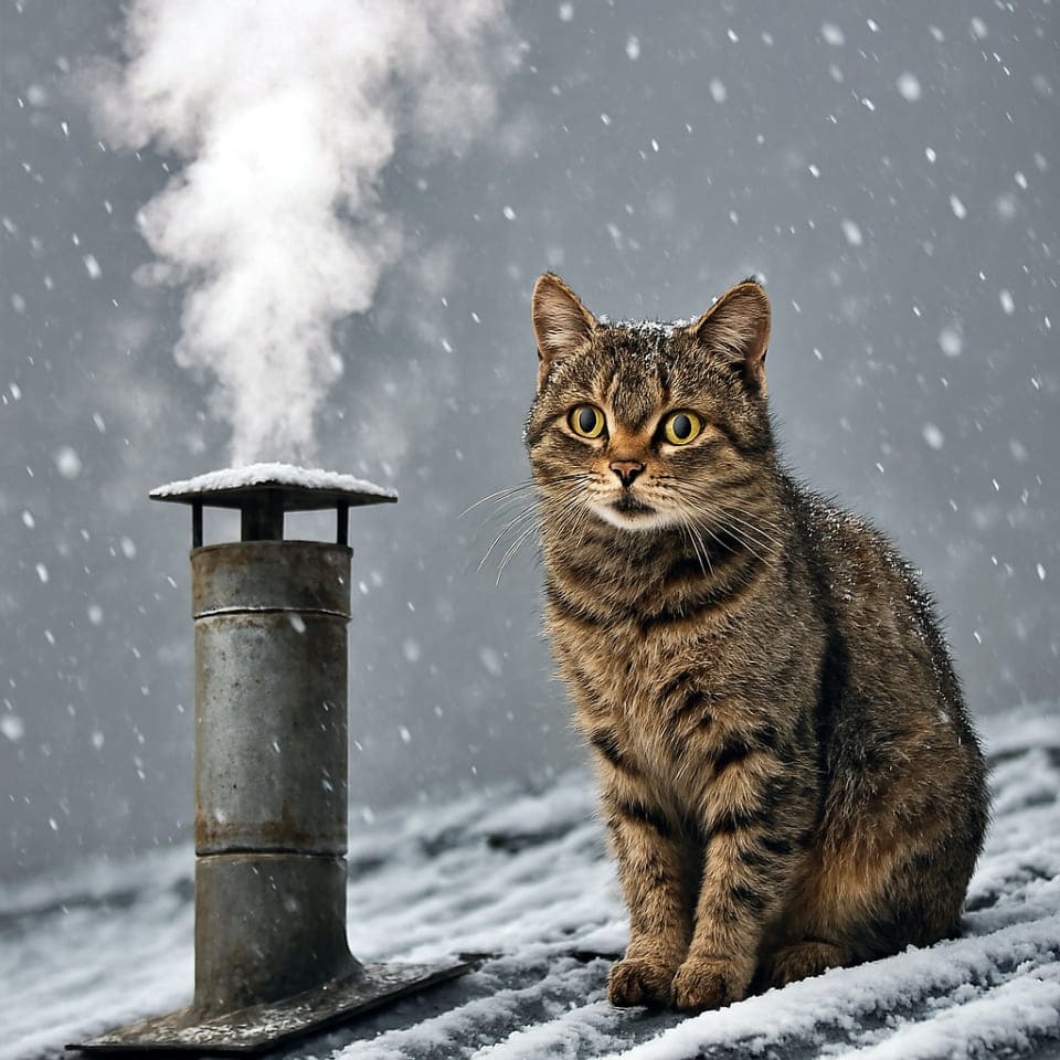 暖かい空気を出している煙突のそばの屋根で、蒸気に包まれて座っている野良猫。雪が降り、興味深そうな表情(copilot)