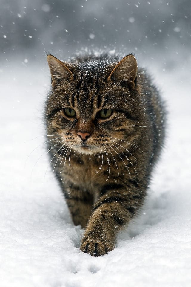 深い雪の中を慎重に歩く野良猫。後ろには小さな足跡が残り、ひげには雪がついている(copilot)