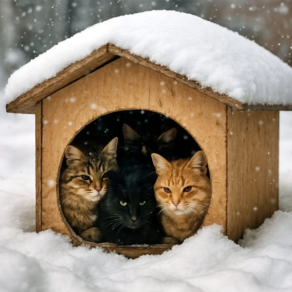 手作りの猫ハウスの中で、数匹の野良猫が猫団子になってぬくぬくしている。外は雪に覆われていて、窓からちらりと覗いている(copilot)