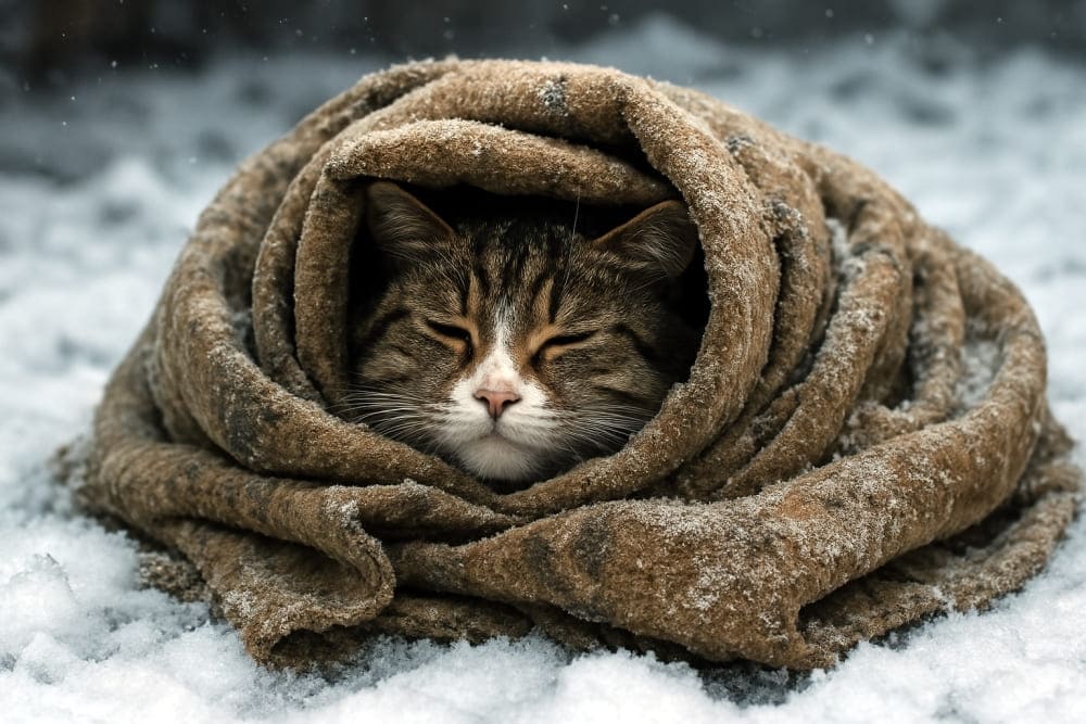 雪の中に置かれた古い毛布に包まれて、顔だけ出している野良猫(copilot)