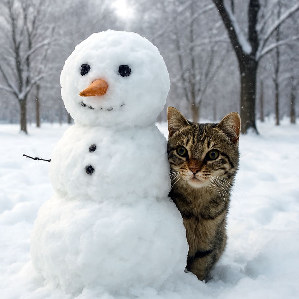 雪の積もった公園で、雪だるまの影に隠れて顔だけをのぞかせている野良猫(copilot)