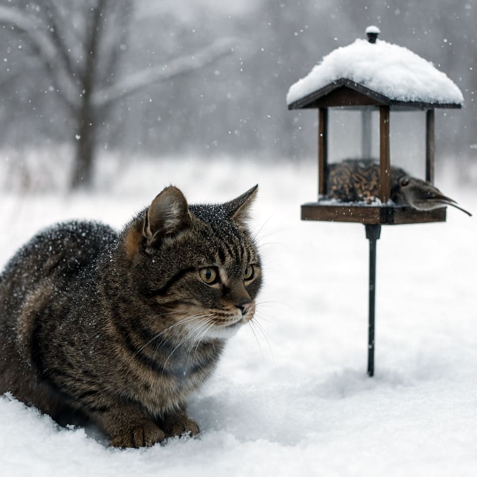 雪の中でうずくまりながら、少し離れた鳥の餌台をじっと見つめる野良猫(copilot)