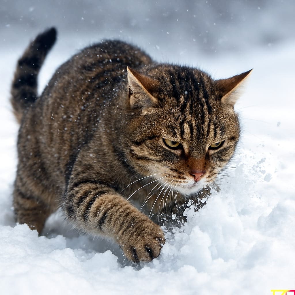 雪を掘り返している野良猫。決意を感じる表情で、飛び散る雪。ひげには霜がついている(copilot)
