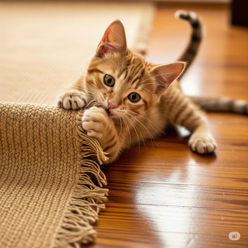 ラグマットの端をかじって引っ張る子猫