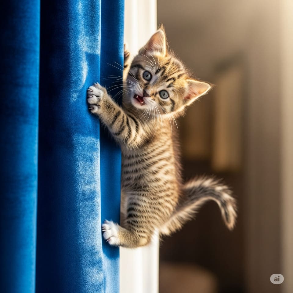 足でカーテンにぶら下がる、いたずらっ子な表情の子猫