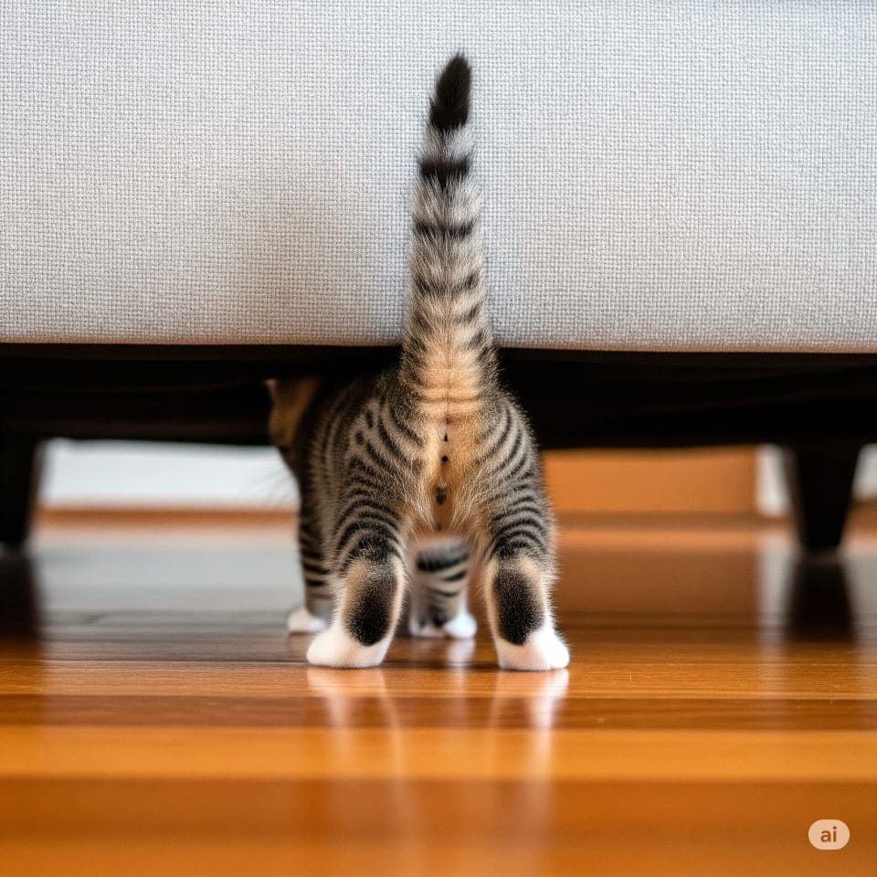 ソファの下に頭を突っ込んで、しっぽと足だけ出ている子猫