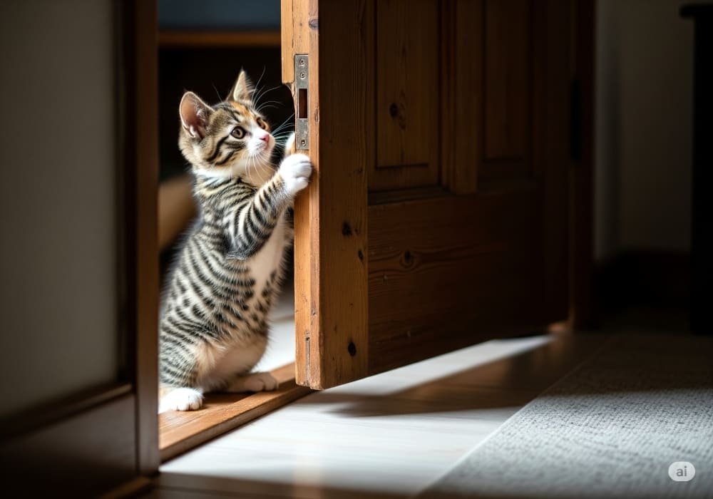 少し開いたドアを前足で押そうとする子猫。後ろ足で立って背伸びしている様子