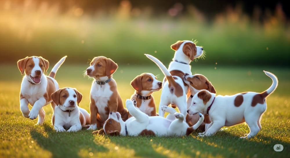 動きと毛色にばらつきのある子犬たちが、それぞれ元気に過ごしている朝の風景
