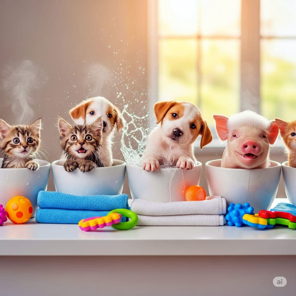 洗面器でお風呂ごっこする子動物たち