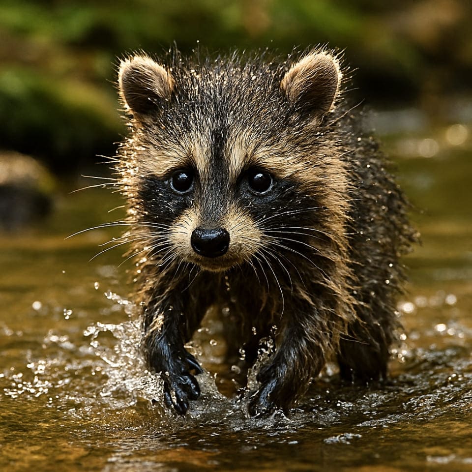 浅い水辺で遊ぶアライグマの子ども(Copilot)