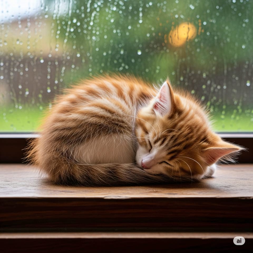 雨音を聴きながら窓辺でうたた寝する子猫