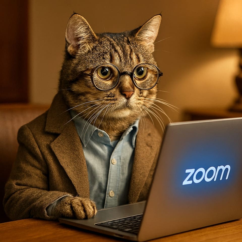 Zoom会議に参加するビジネス猫(Copilot)