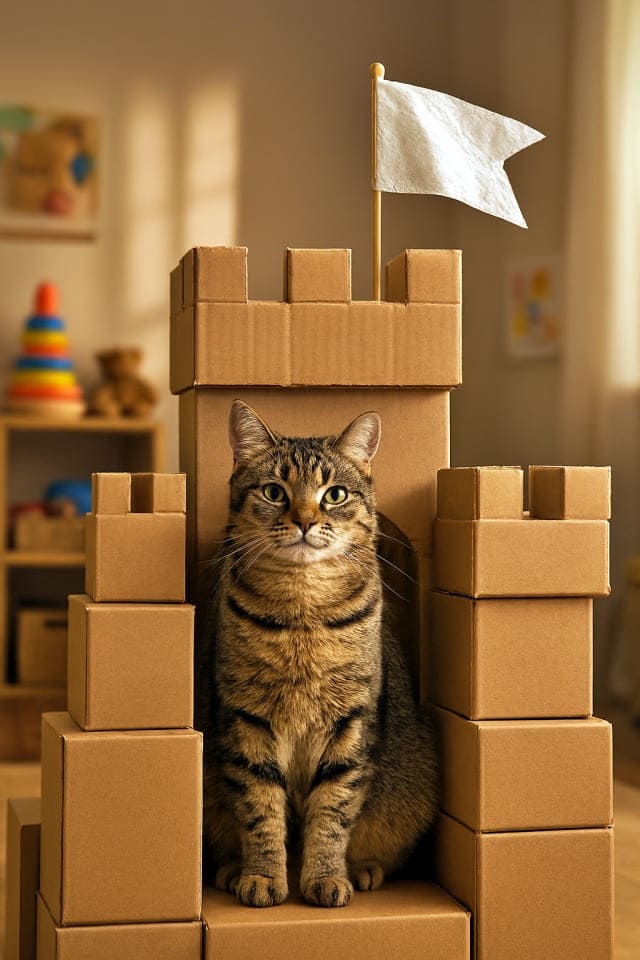 段ボール要塞を守る猫（Copilot）