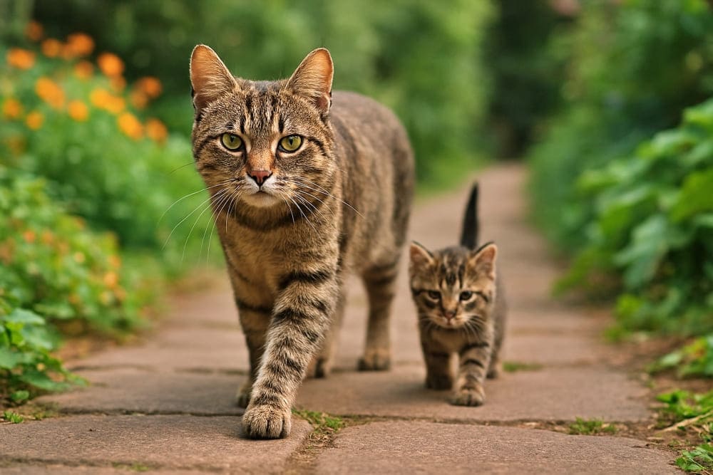 お庭の小道をぴったり後ろについて歩く子猫(Copilot)
