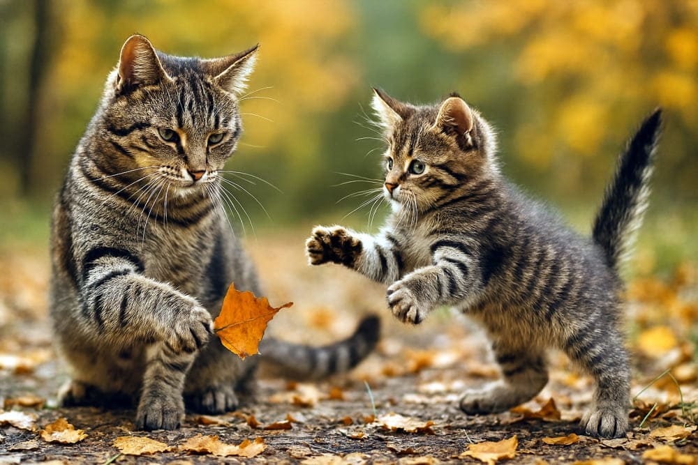 落ち葉で遊ぶ母猫と跳ね回る子猫(Copilot)