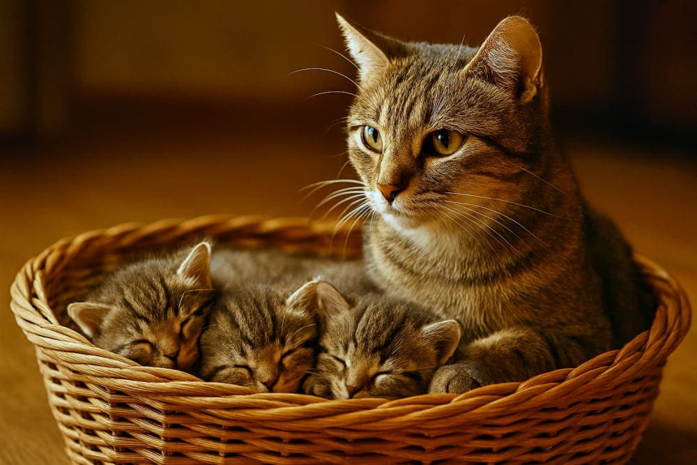 かごの中で眠る子猫たちを見守る母猫(Copilot)