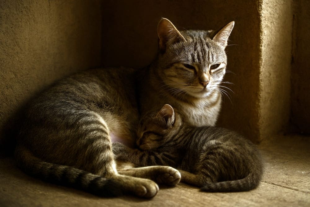 静かな片隅で授乳する子猫と母猫