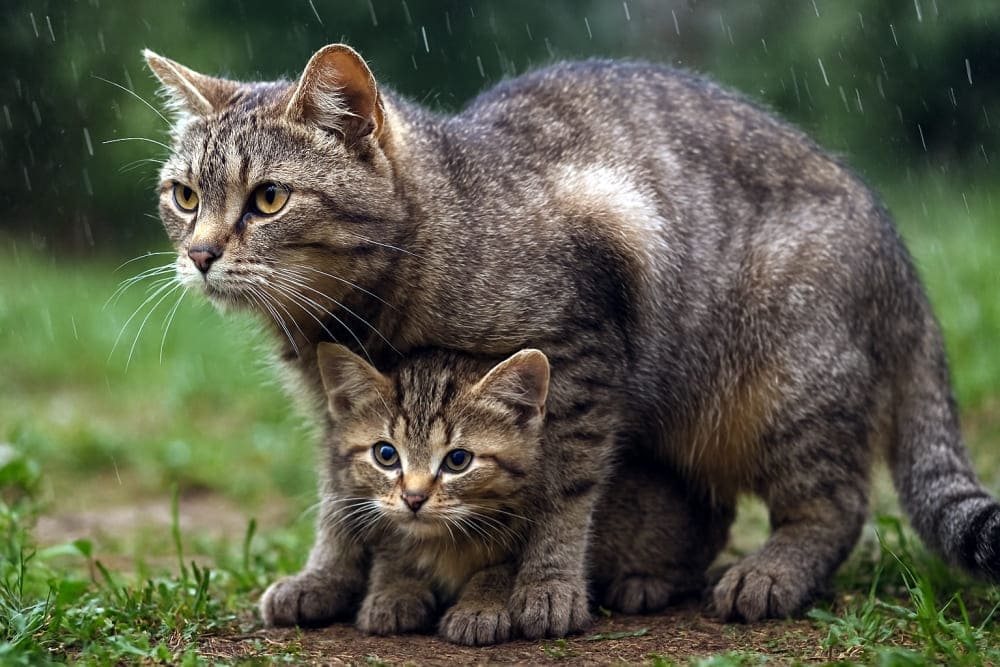 小雨の中、母猫の下に隠れる子猫(Copilot)