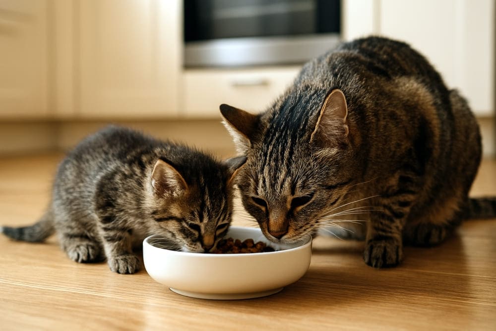 ごはんを分け合う母猫と子猫(Copilot)