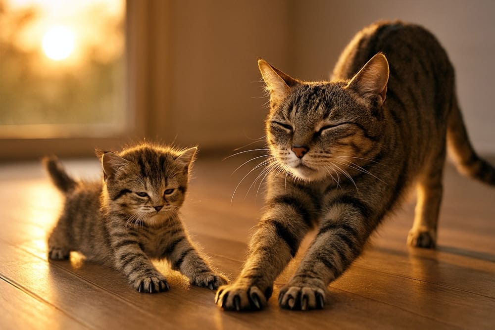 母猫の伸びポーズを真似する子猫(Copilot)