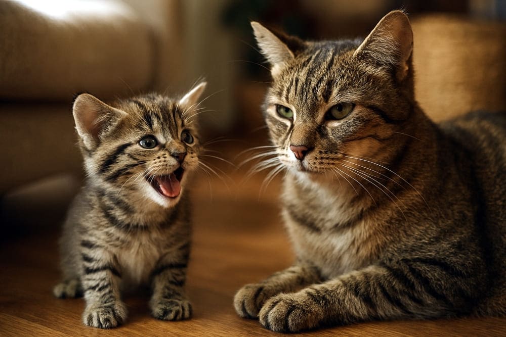 かまってアピールする子猫と応える母猫(Copilot)