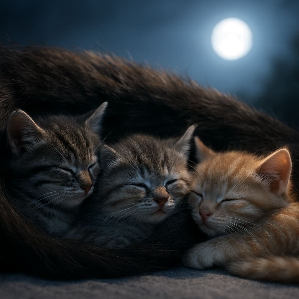 夜、母猫のしっぽに包まれて眠る子猫たち(Copilot)