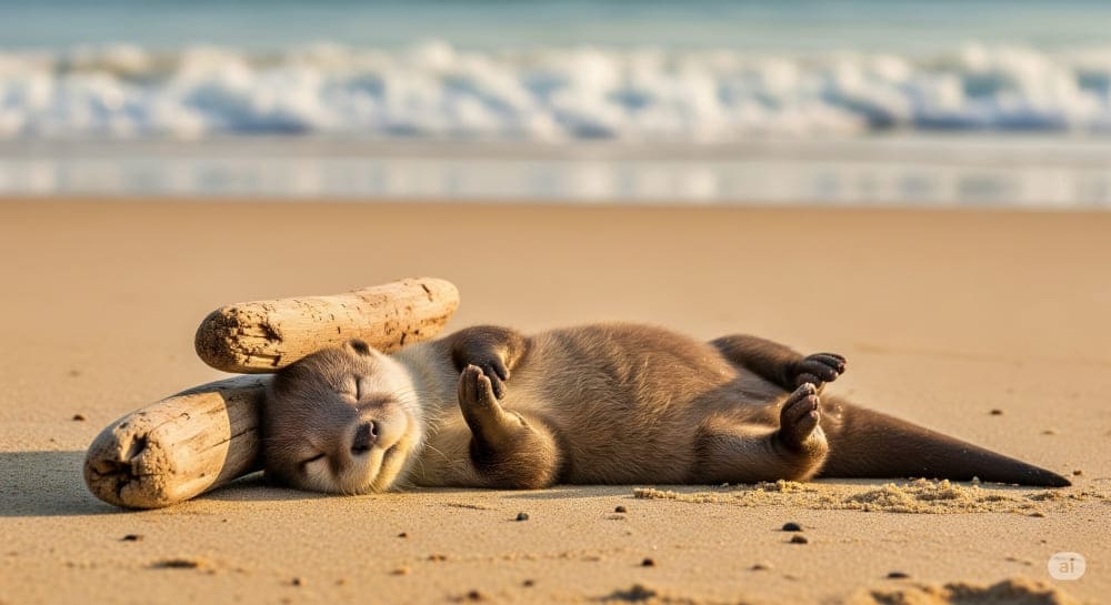 浜辺で流木を枕にするカワウソの赤ちゃん