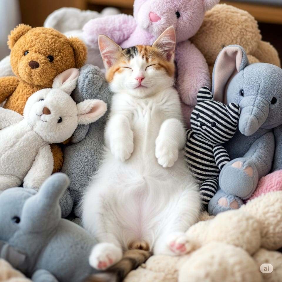 ぬいぐるみに囲まれて「へそ天」で眠る子猫