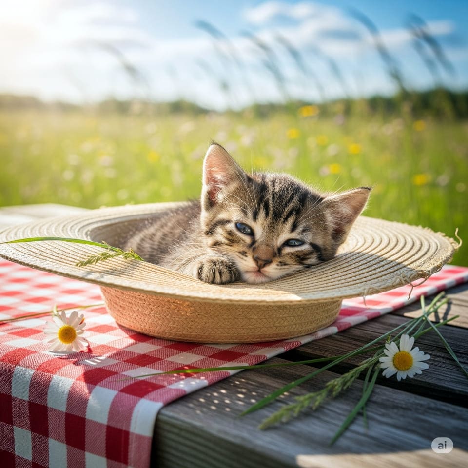 飼い主の麦わら帽子の中で眠る子猫