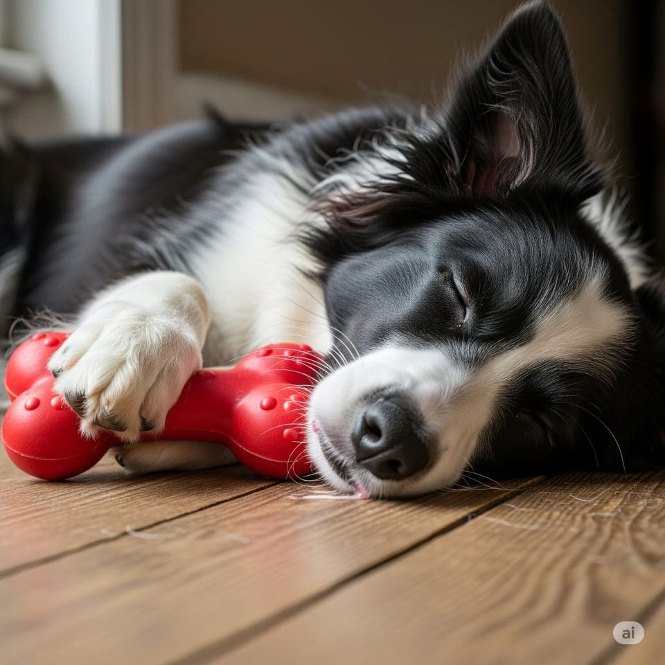 おもちゃを抱いて力尽きたボーダーコリーの子犬