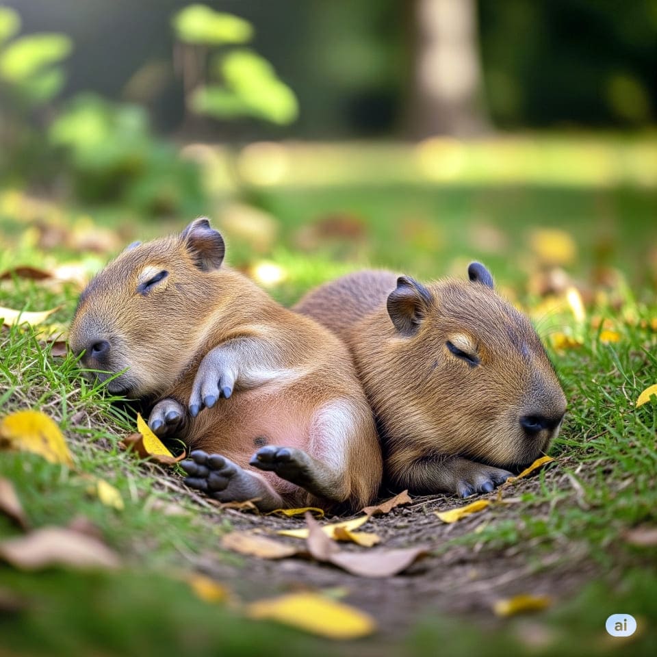 草と葉っぱのベッドで眠るカピバラの赤ちゃん