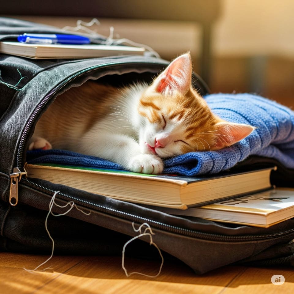 飼い主のリュックの中で眠る子猫