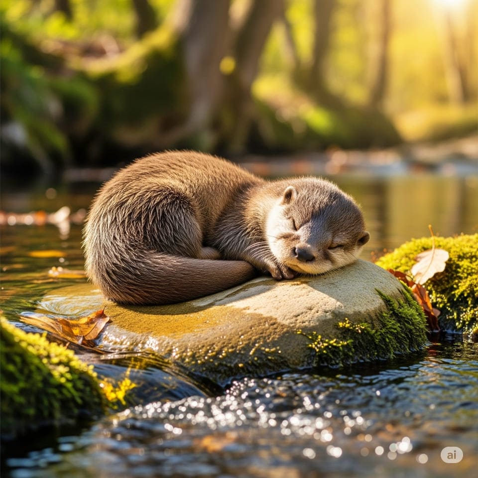 川辺の石を枕に眠るカワウソの赤ちゃん