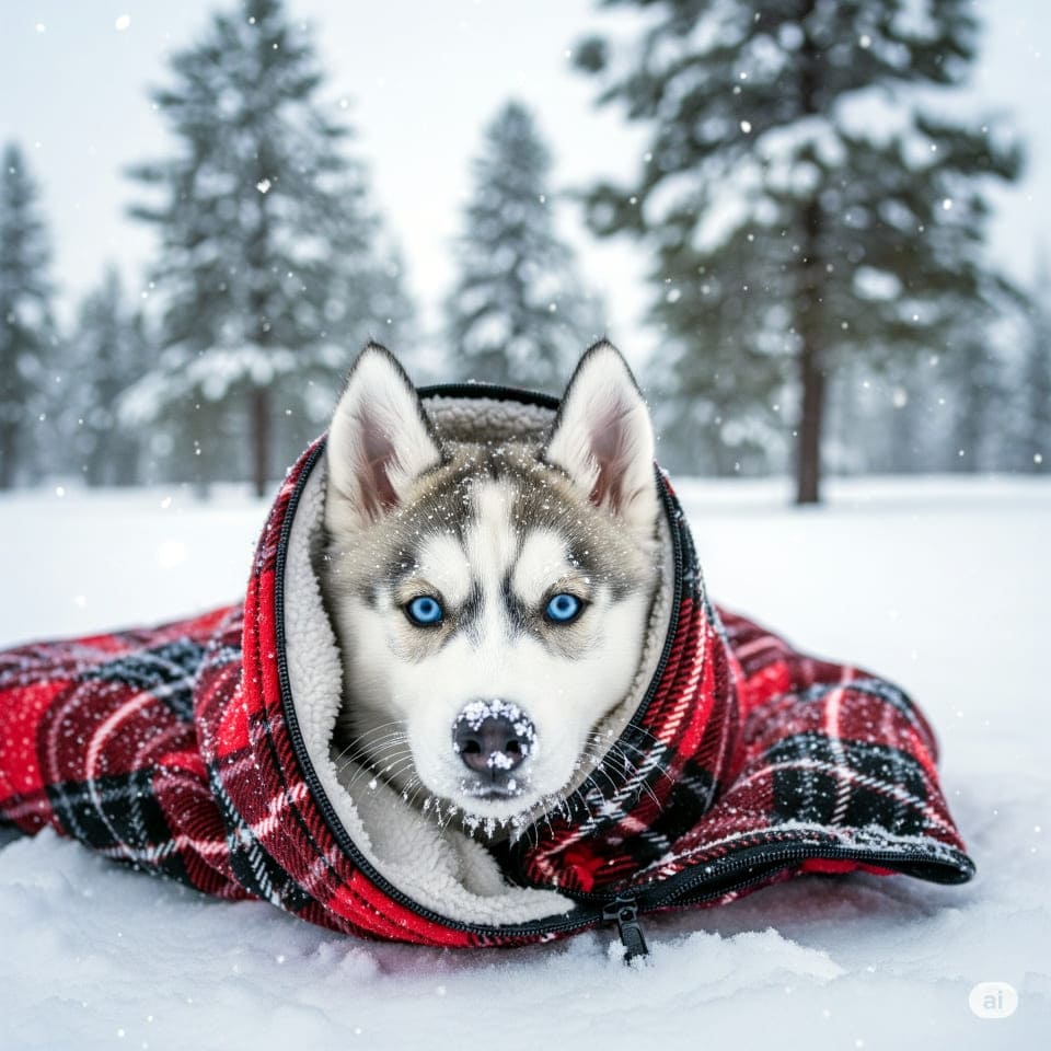 雪景色の中、寝袋から顔を出すハスキーの子犬