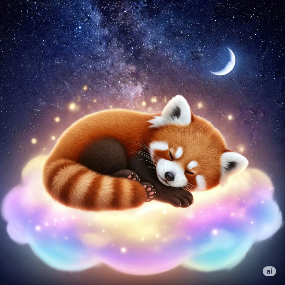 雲の上で眠るレッサーパンダの赤ちゃん