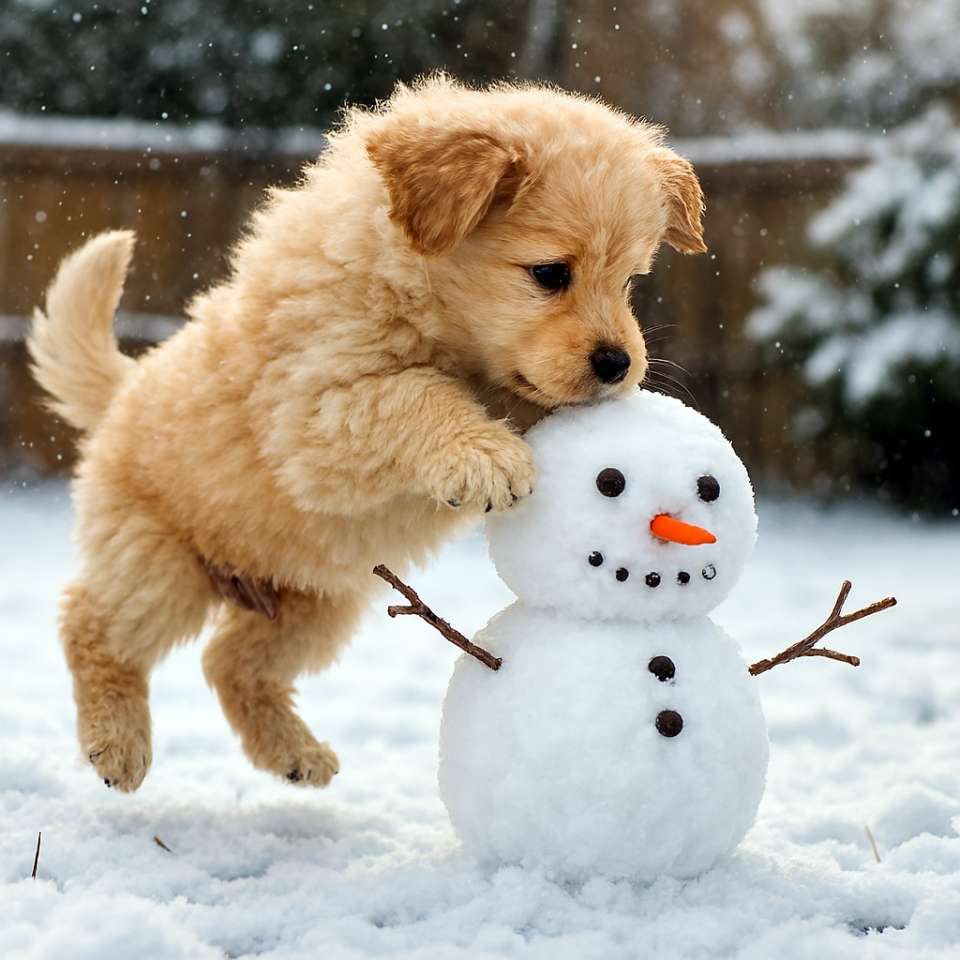 雪の積もった裏庭で、小さな雪だるまに飛びかかるふわふわの子犬
