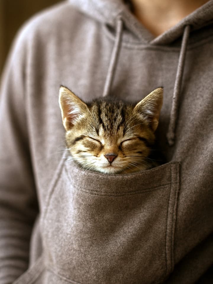 フード付きパーカーの前ポケットにすっぽり収まって眠る子猫。頭をポケットの縁にのせ、安心した表情でうたた寝している様子をクローズアップで捉えた、温かく親密な雰囲気の写真