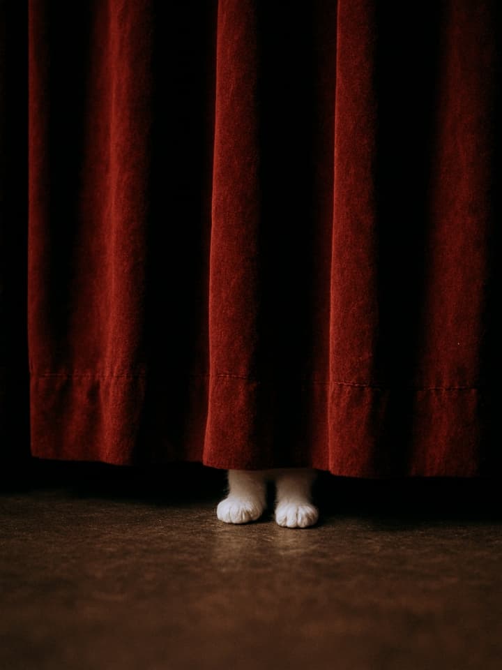 “From beneath the velvet weight, two white paws whisper of a story yet to begin.” Low-angle shot of a heavy velvet curtain with two tiny white kitten paws peeking out from underneath, minimalist and mysterious atmosphere