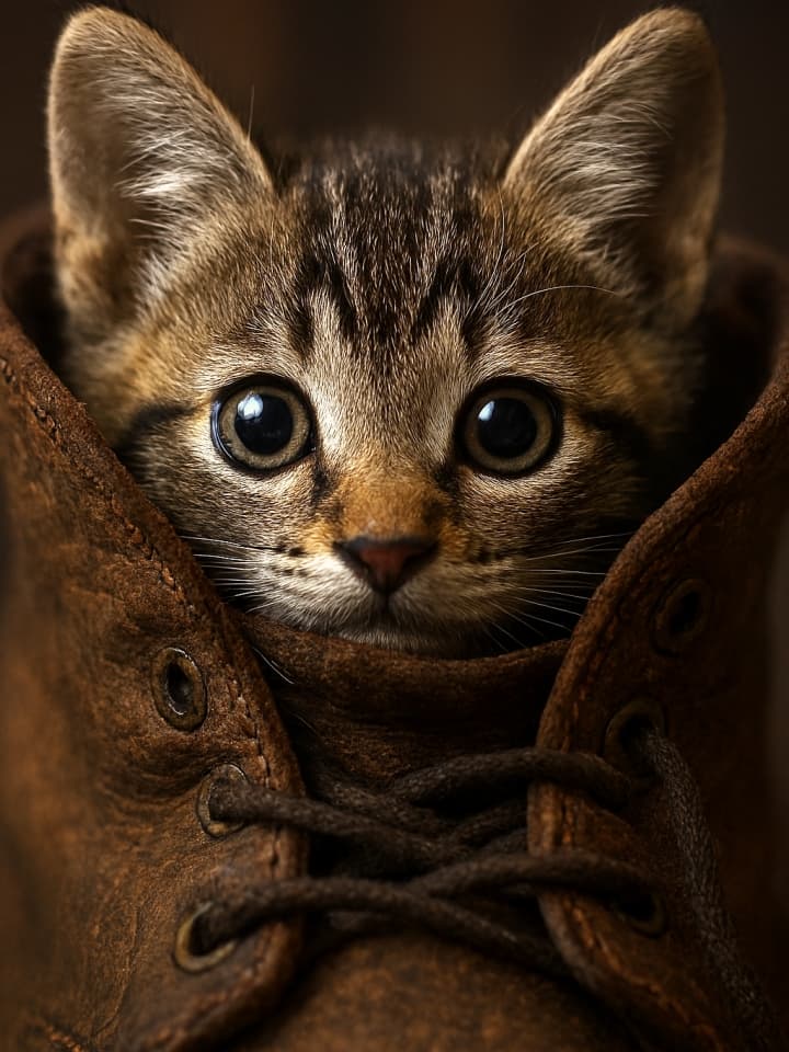 Close-up of a kitten’s eyes and ears peeking out from an old leather work boot, mysterious and cute, captured with macro detail. 古びた革のワークブーツから耳と大きな瞳だけをのぞかせる子猫のクローズアップ。神秘的でかわいらしい雰囲気を持つマクロ撮影