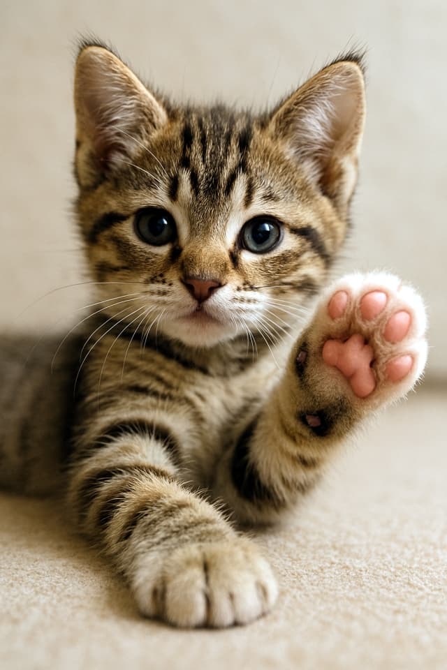 子猫は前足を体の前に伸ばし、手首をしっかり外側に曲げて、カメラ側に肉球がはっきり見えるような角度になっている1(Copilot)「あなたのこと、もっと知りたいな」と語りかけてくるような瞳。見る人の心にそっと寄り添うような、優しい癒しの空気感が伝わってくるようです。