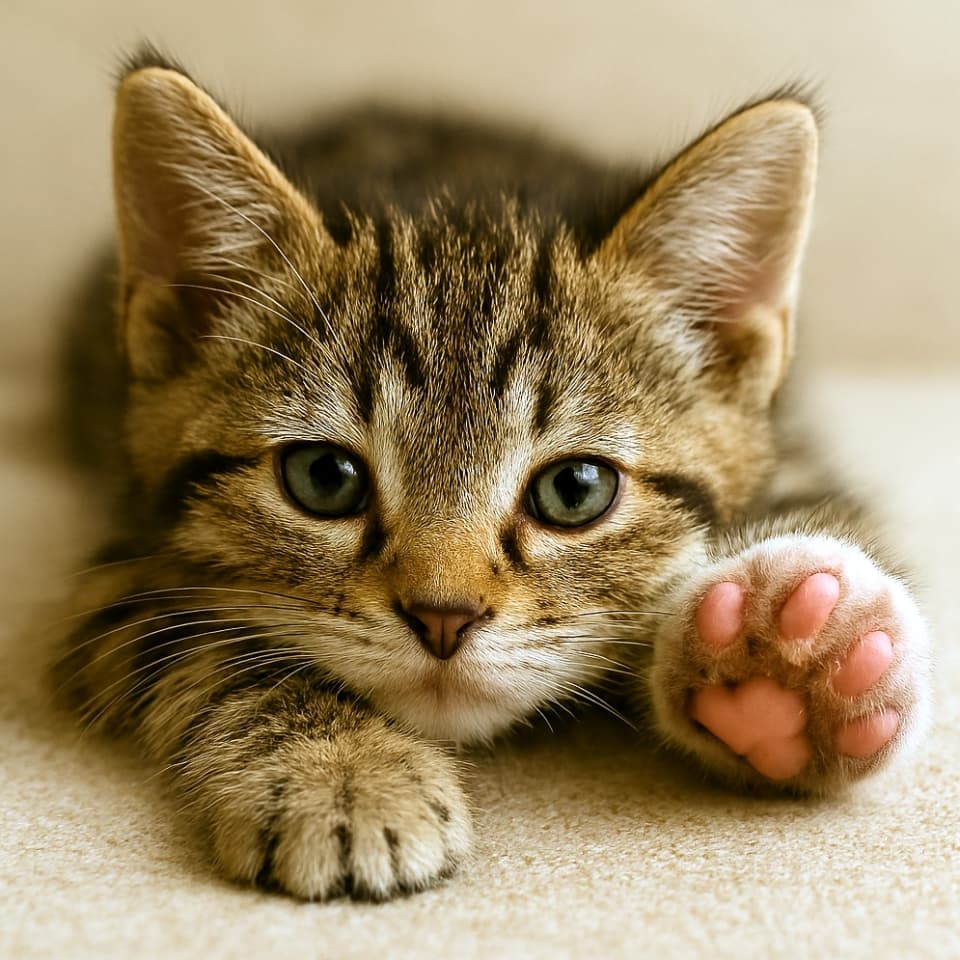 子猫は前足を体の前に伸ばし、手首をしっかり外側に曲げて、体と頭を床にぺたんとつけて寝そべる(Copilot)