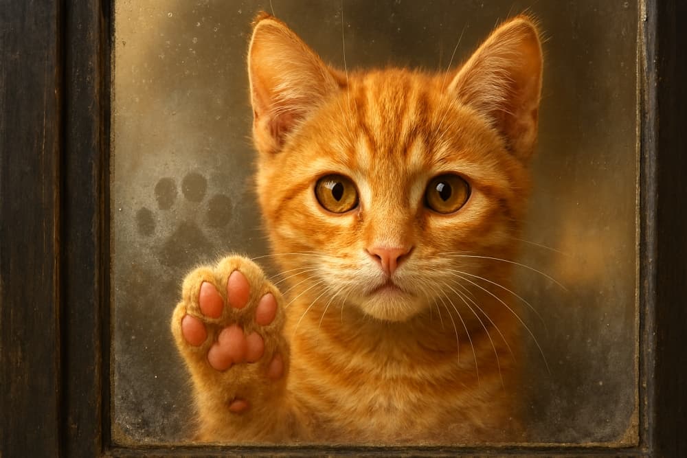 フォトリアルなオレンジ色のトラ猫の子猫が、曇ったガラス窓に右前足を押し当てているクローズアップ(copilot)