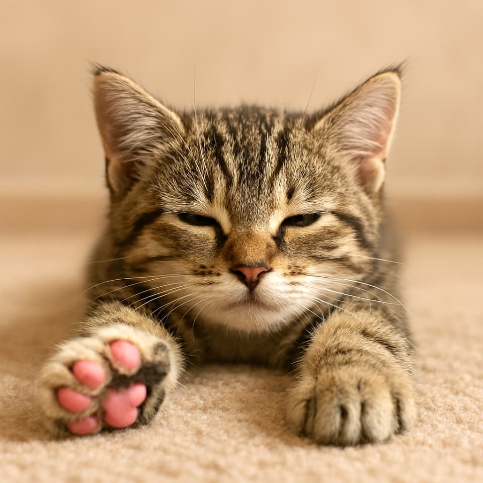 子猫は前足を体の前に伸ばし、手首をしっかり外側に曲げて、体と頭を床にぺたんとつけて寝そべる(Copilot)