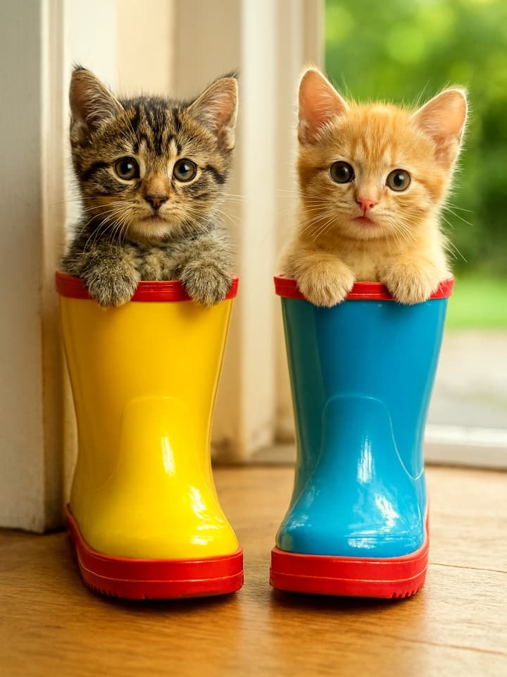 Two adorable kittens peeking out from colorful children’s rain boots by a doorway—one in a yellow boot, one in a blue boot—bathed in bright cheerful light, ready for adventure. カラフルな子供用レインブーツに入って玄関先から顔をのぞかせる2匹の子猫。黄色と青の長靴にそれぞれ収まり、外の冒険を楽しみにしている様子。明るく cheerful な光に包まれた可愛らしいシーン