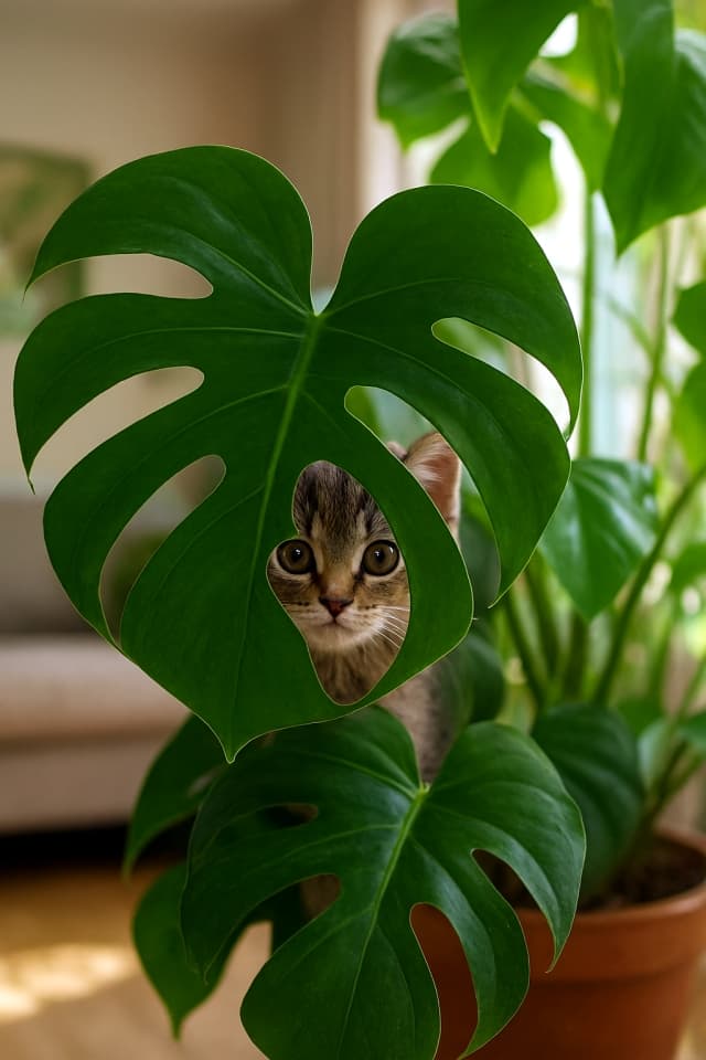 Photorealistic tabby kitten peeking through a natural hole in a Monstera leaf, lush green foliage, natural sunlight, cozy living room jungle explorer scene